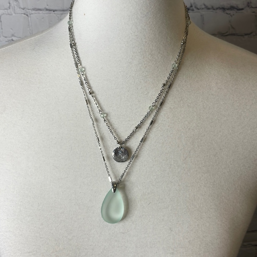 White House Black Market Silver Necklace with Seafoam Green Teardrop Pendant